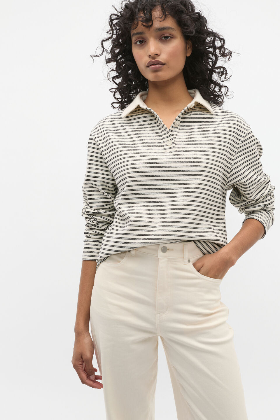 Textured Stripe Polo Sweat  Coconut Cream Stripe