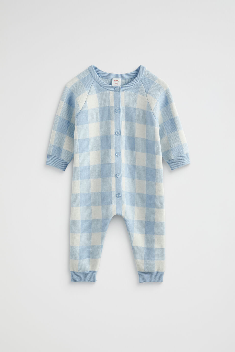 Gingham Knit Jumpsuit  Powder Blue
