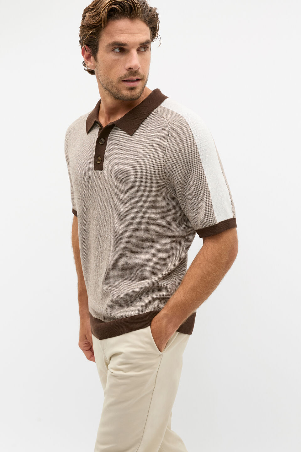 Colourblock Knit Polo  Pale Mocha Marle