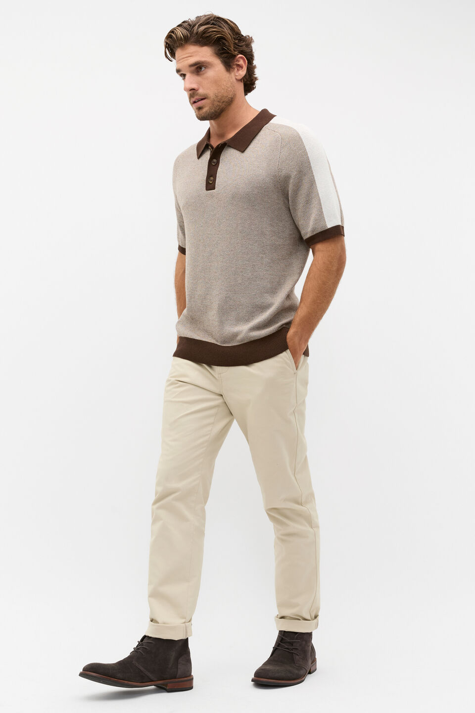 Colourblock Knit Polo  Pale Mocha Marle