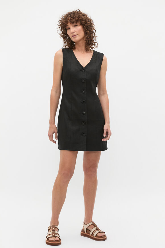 Linen V Neck Button Mini Dress  Black  hi-res