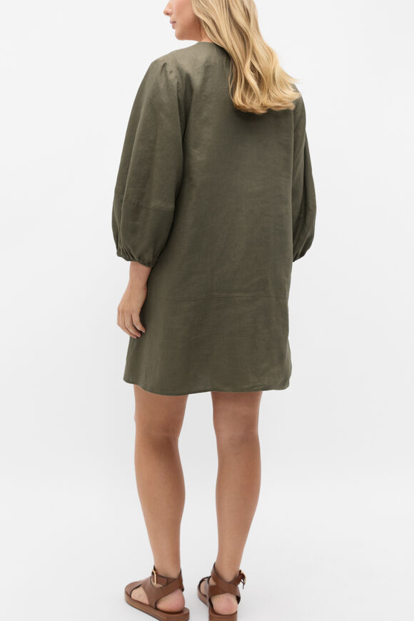 Linen V Neck Seam Detail Mini Dress  Olive Leaf  hi-res