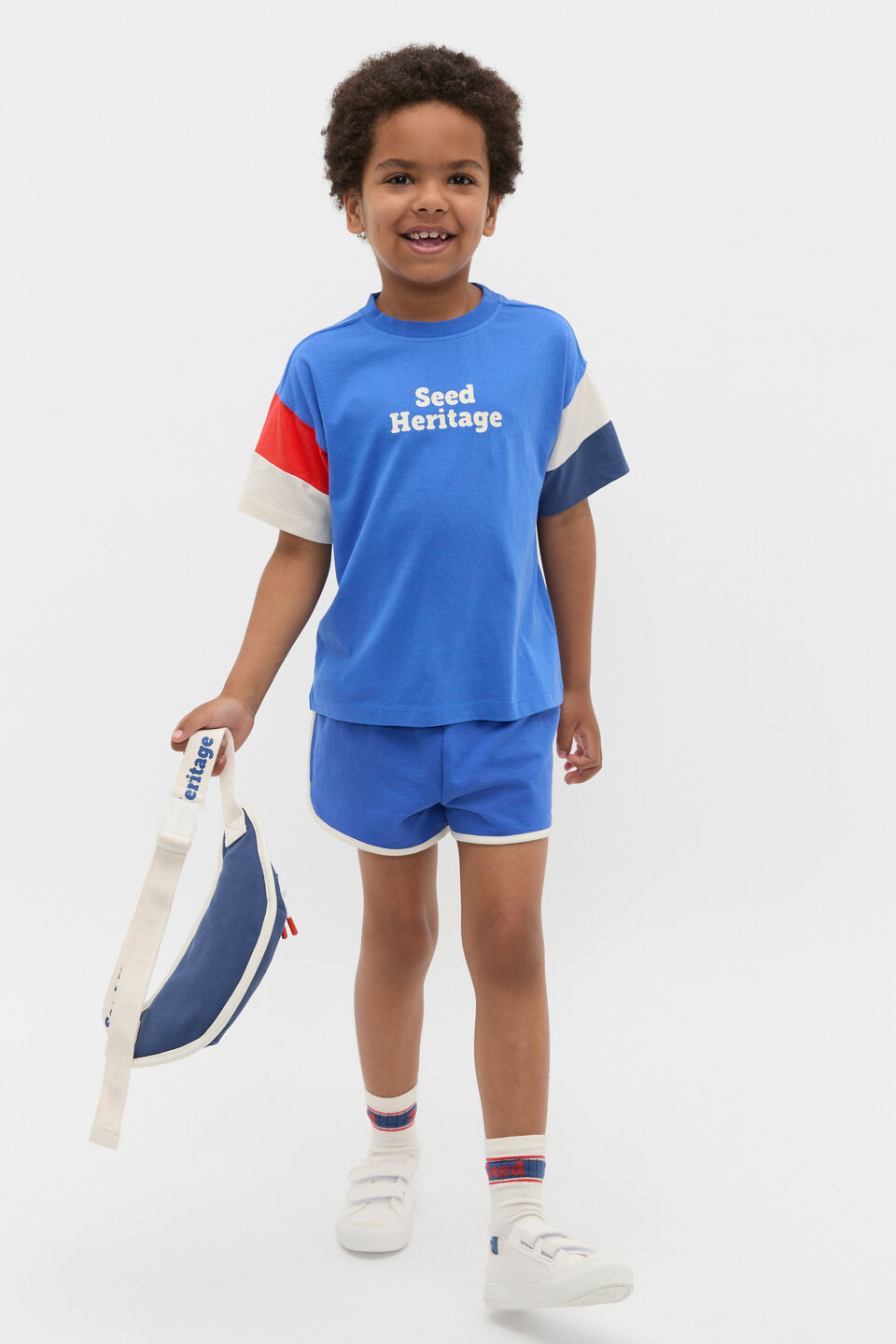 Panelled Retro Logo Tee  Azure Blue