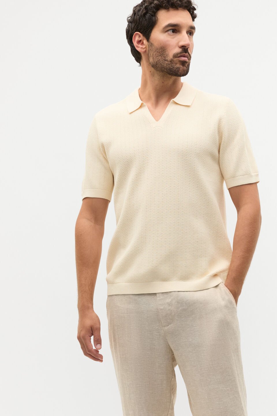 Textured Knit Polo  Cream