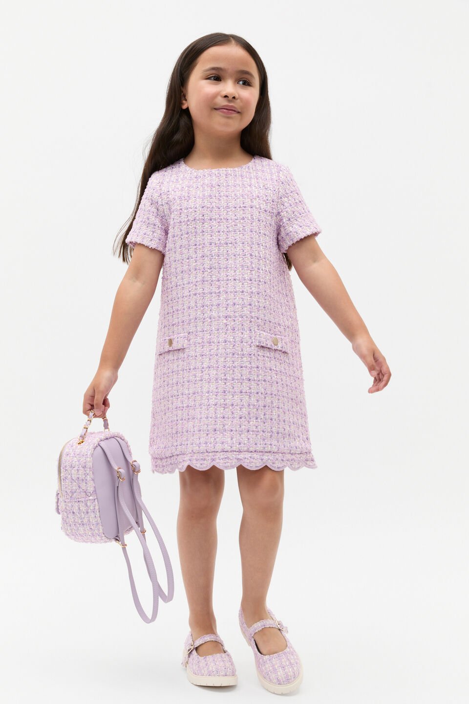 Scallop Tweed Dress  Soft Lilac