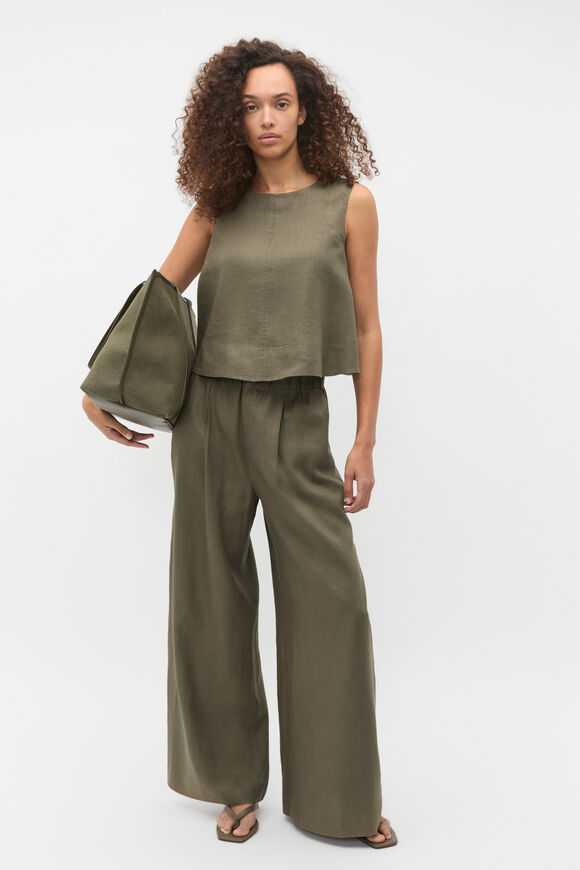 Linen Gathered Palazzo Pant  Olive Leaf  hi-res