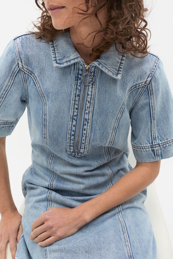 Denim Zip Mini Shirt Dress  Blue Wash  hi-res