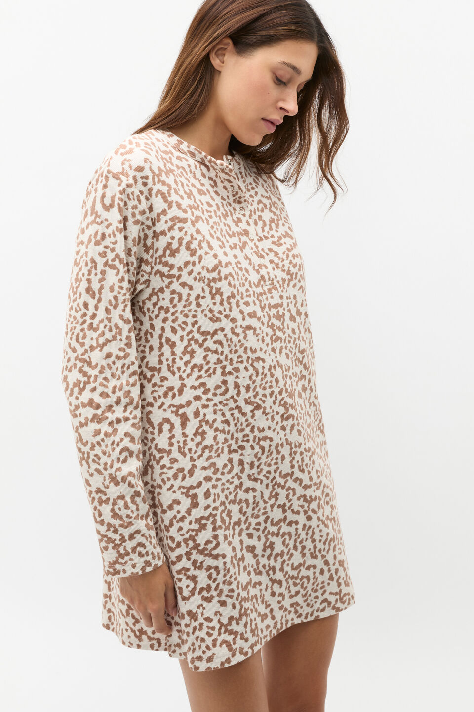 Henley Rib Nightie  Animal Print