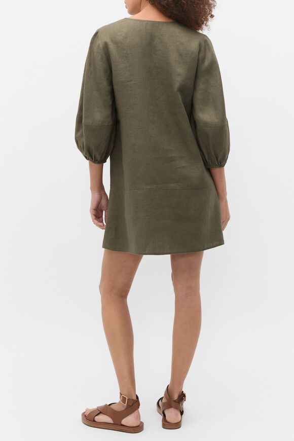 Linen V Neck Seam Detail Mini Dress  Olive Leaf  hi-res