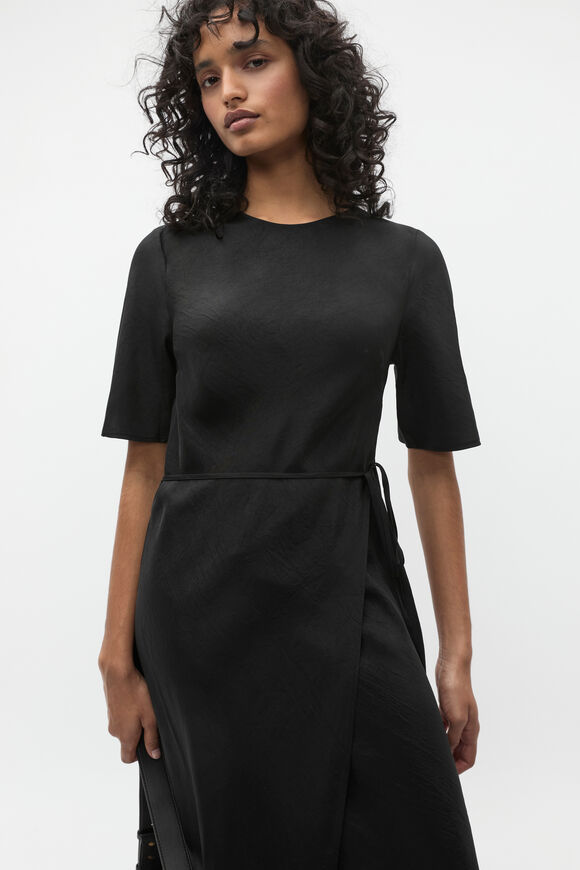 Crinkle Satin Wrap Dress  Black  hi-res