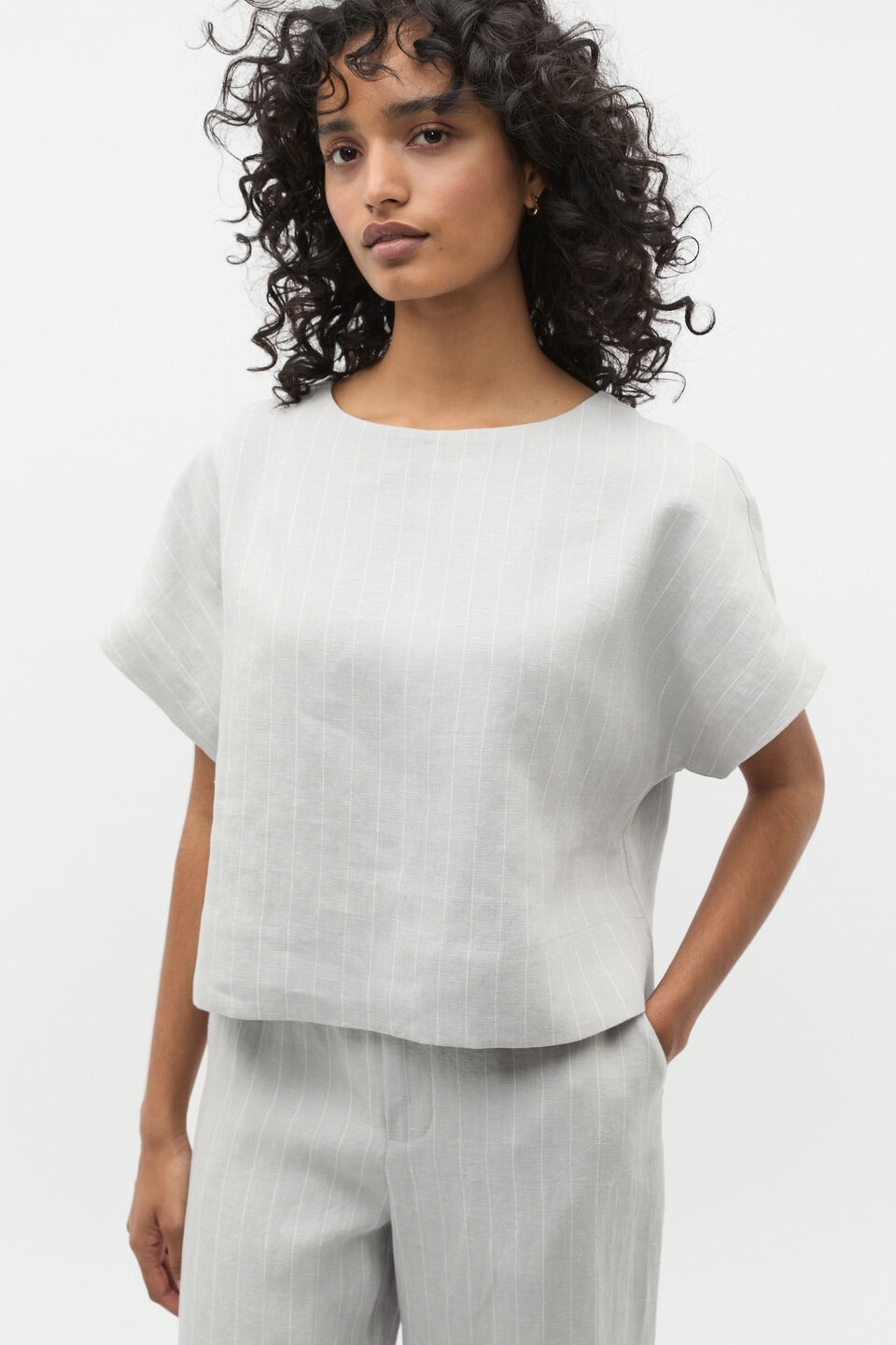 Linen Pinstripe Tee  Cloud Grey Pinstripe