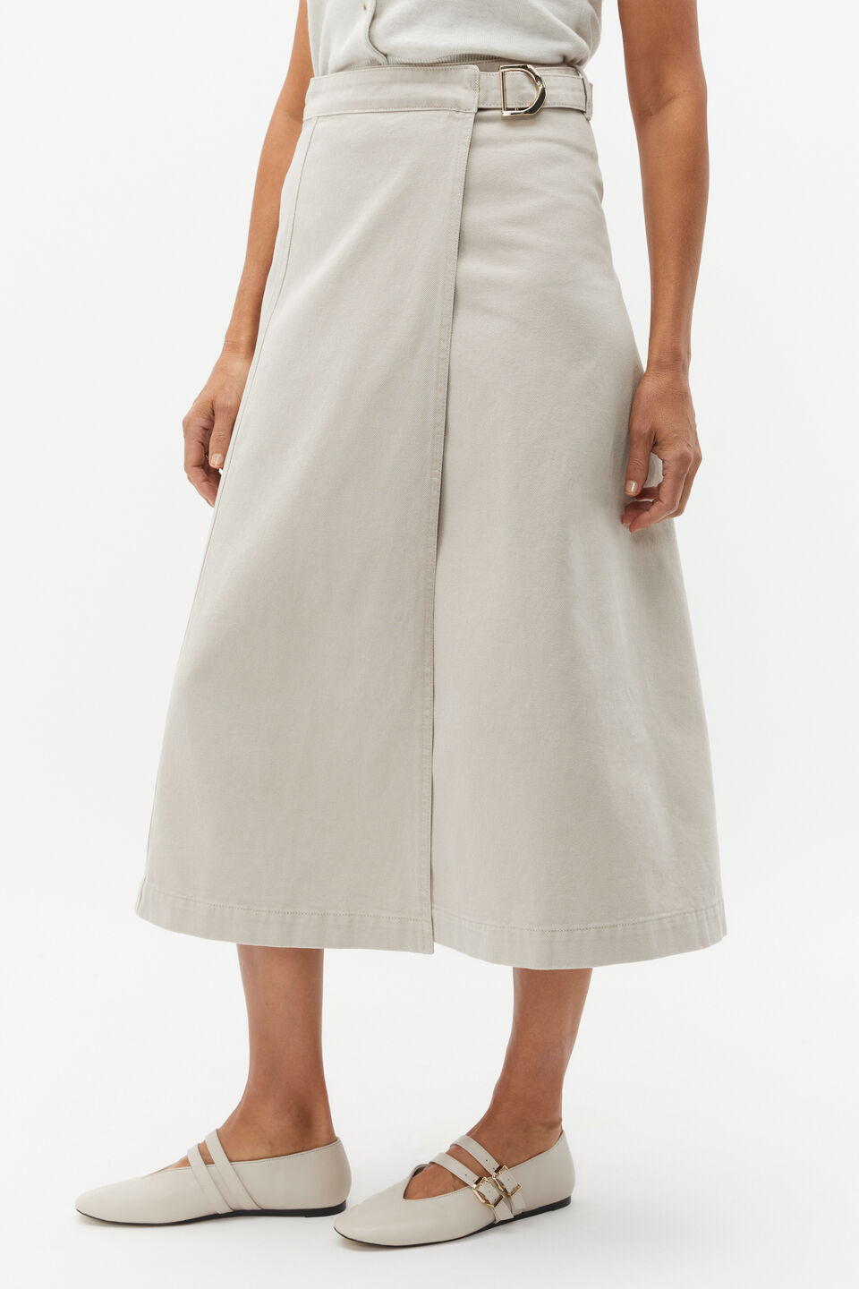 Denim Wrap Front Buckle Skirt  Oat