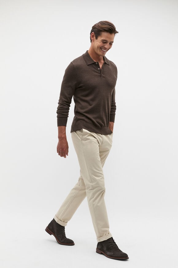 Merino Wool Long Sleeve Polo  Dark Espresso Marle  hi-res