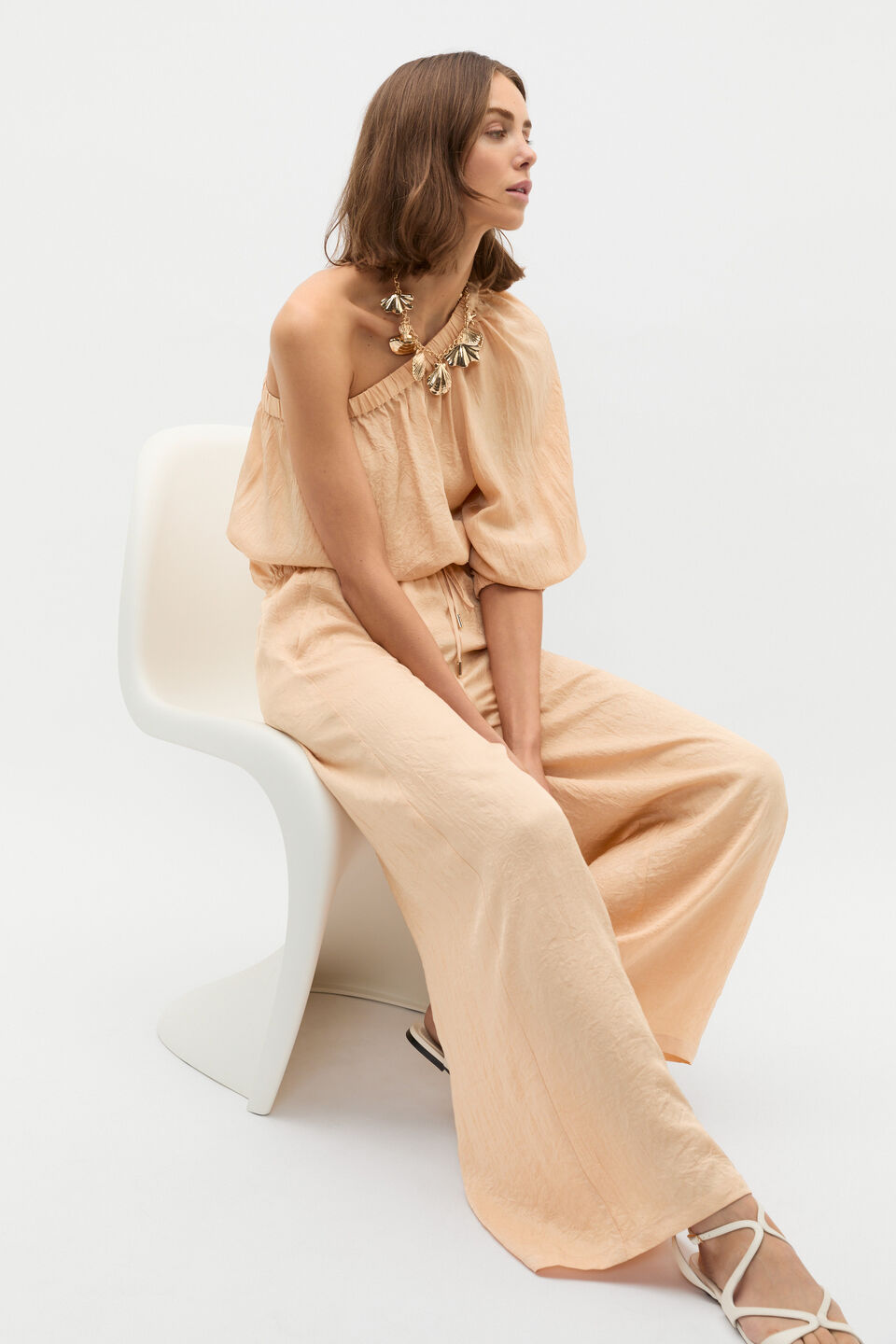 Textured Satin One Shoulder Blouse  Apricot