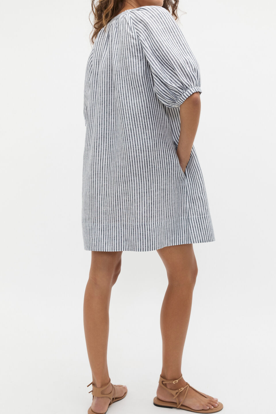 Linen Gathered Mini Dress  Twilight Blue Stripe