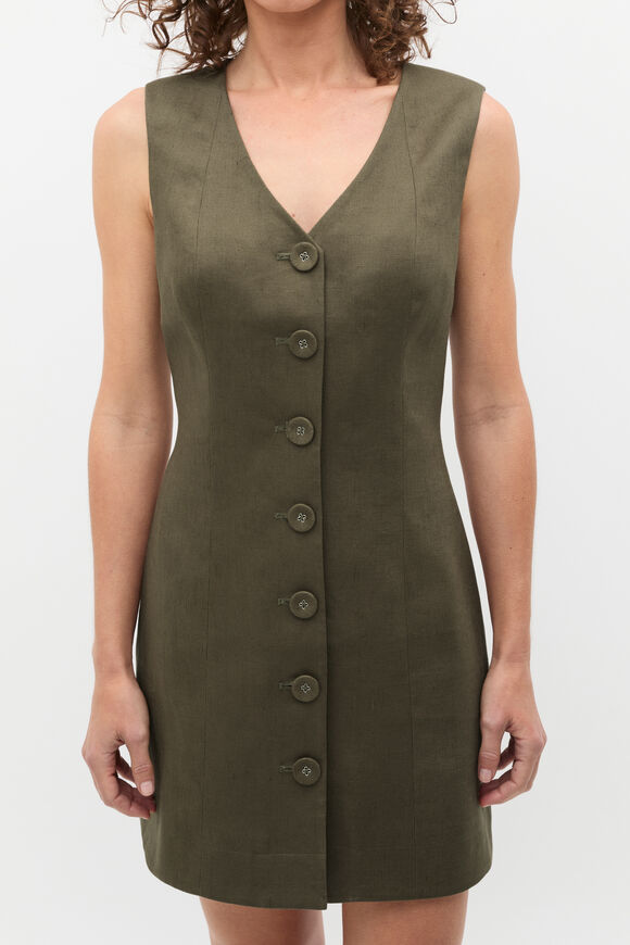 Linen V Neck Button Mini Dress  Olive Leaf  hi-res