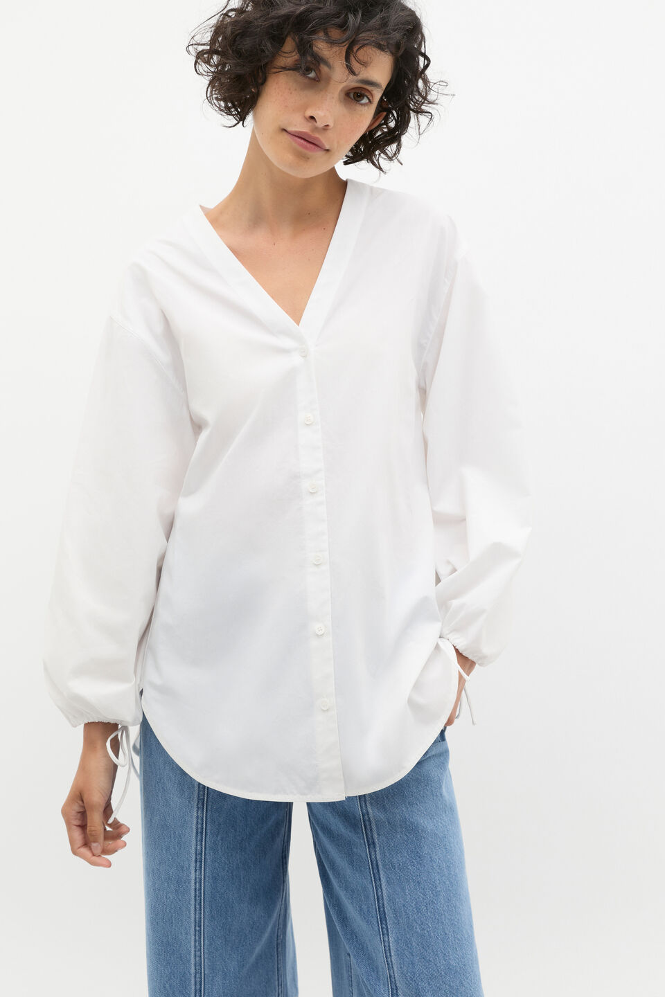 Poplin Relaxed Blouson Top  Whisper White