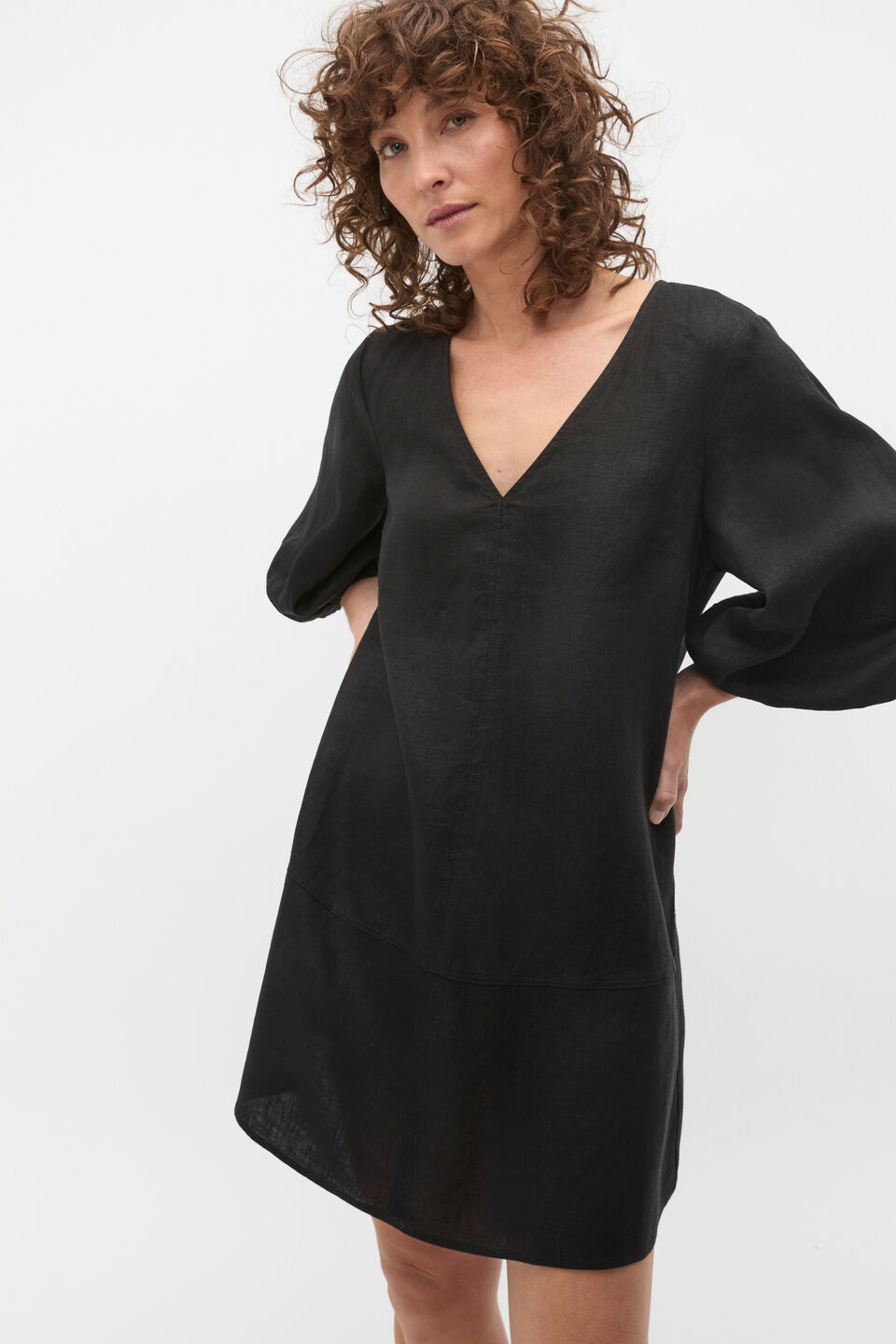 Linen V Neck Seam Detail Mini Dress  Black