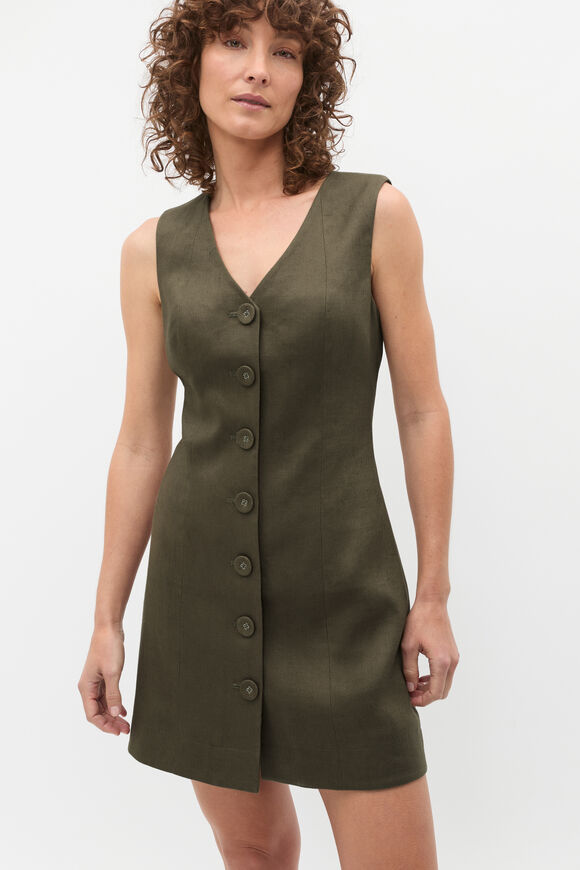 Linen V Neck Button Mini Dress  Olive Leaf  hi-res