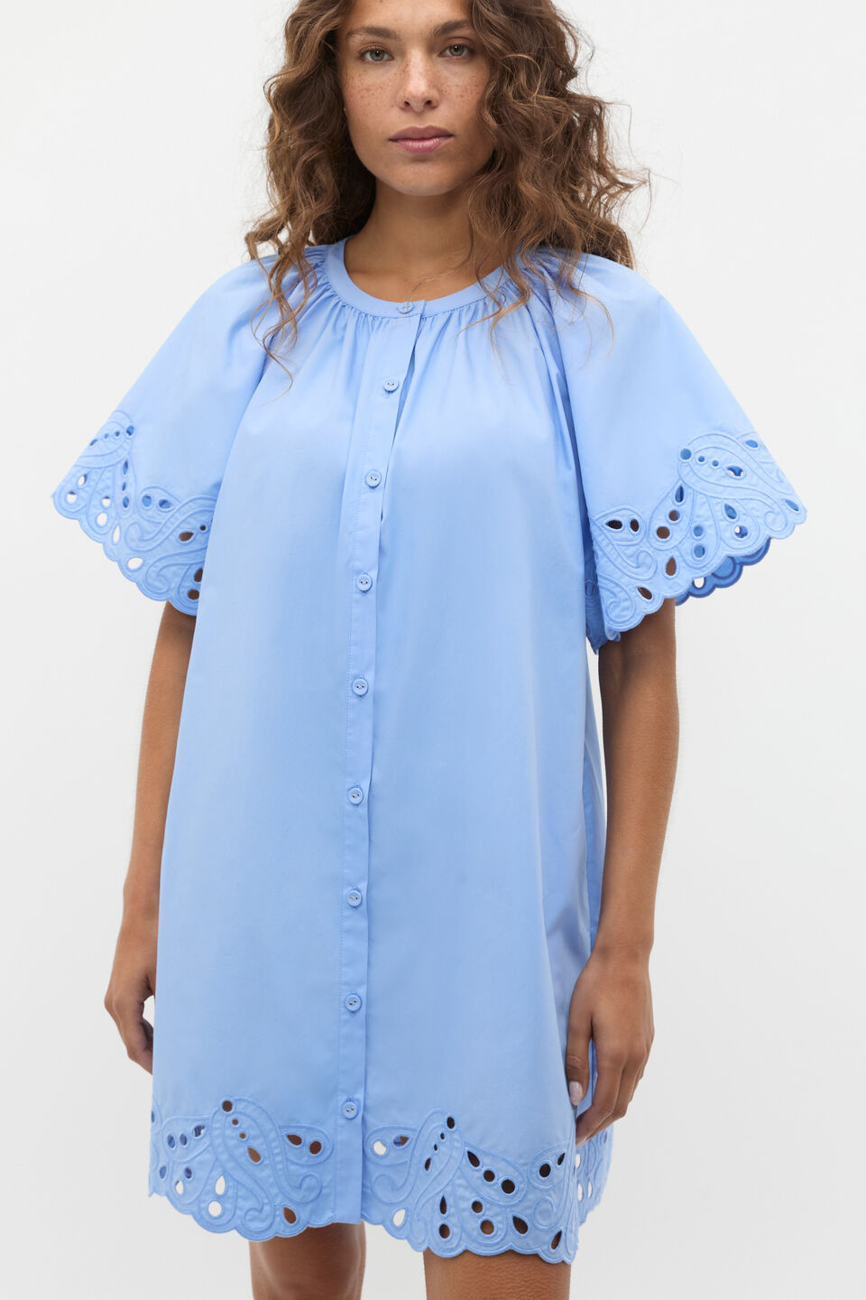 Poplin Broderie Mini Dress  Cornflower Blue