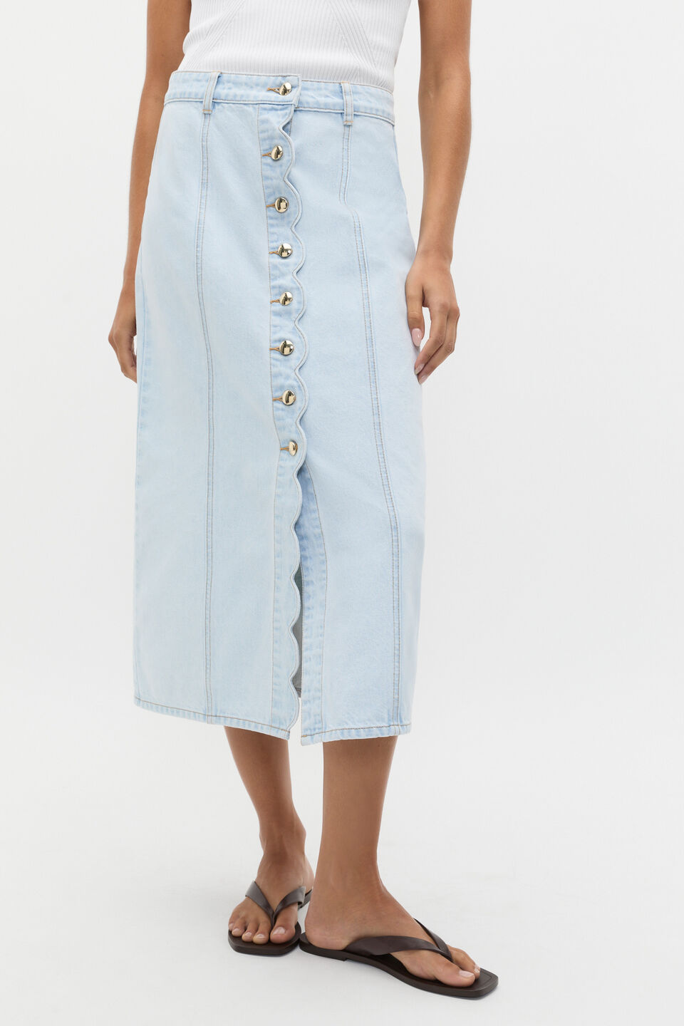 Denim Scallop Midi Skirt  Cornflower Wash