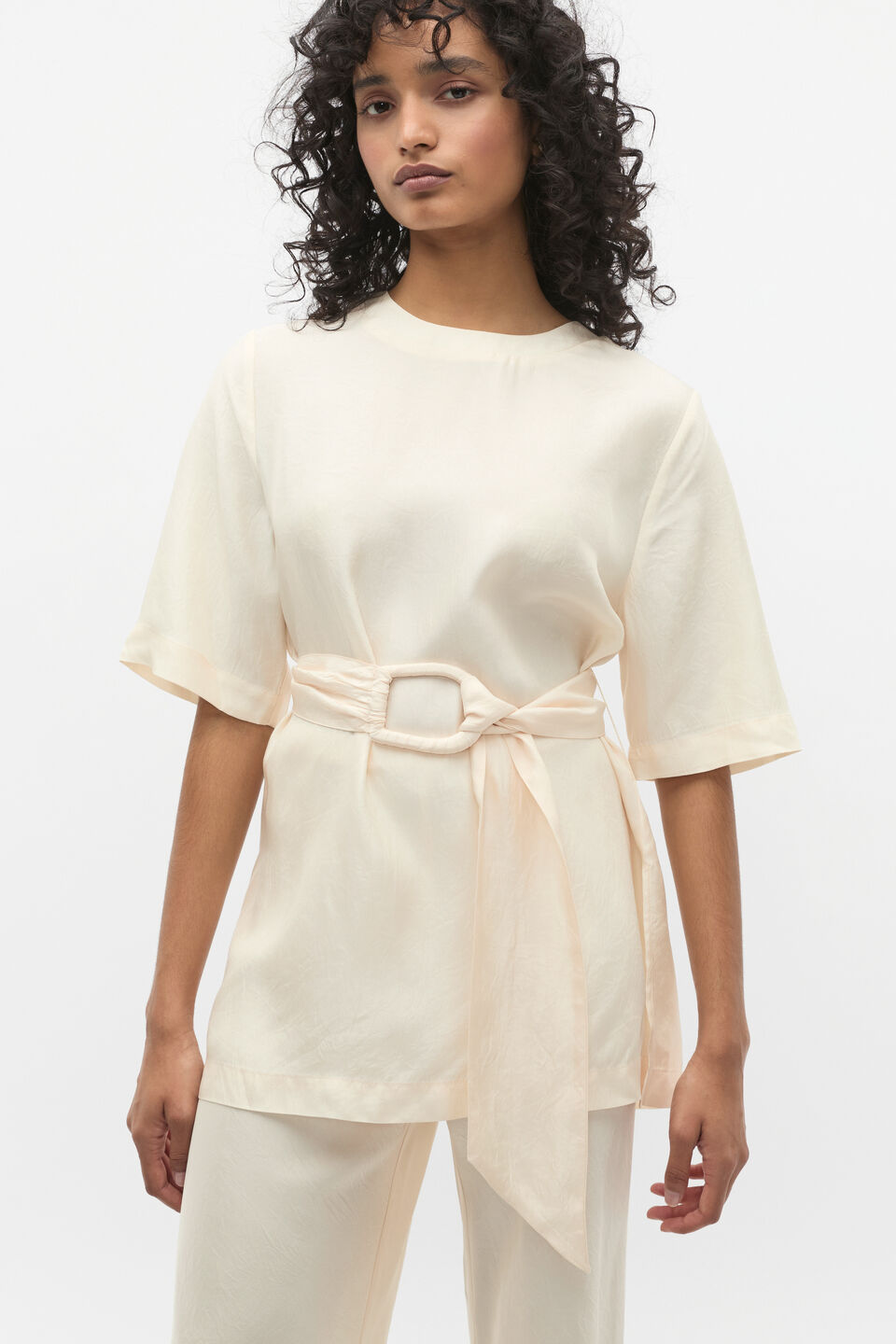 Crinkled Satin Belted Tunic  Coconut Cream