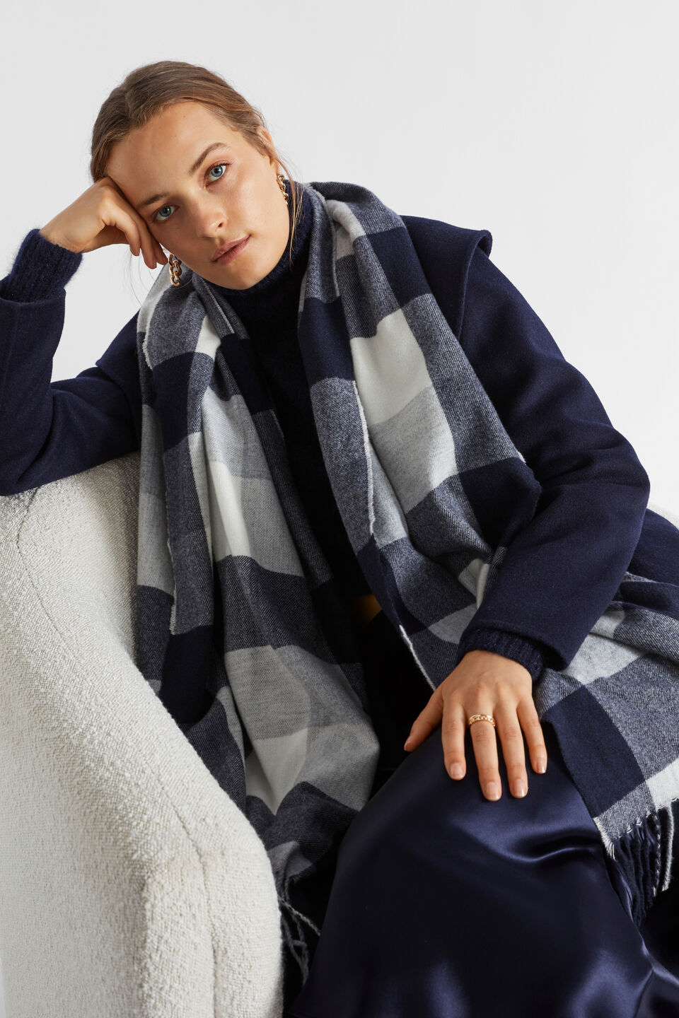 Check Tassel Scarf  Midnight Sky Multi