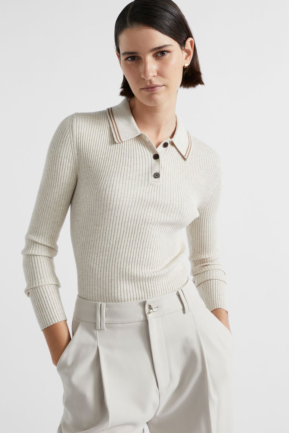 Contrast Tipping Polo Knit  Oat Marle