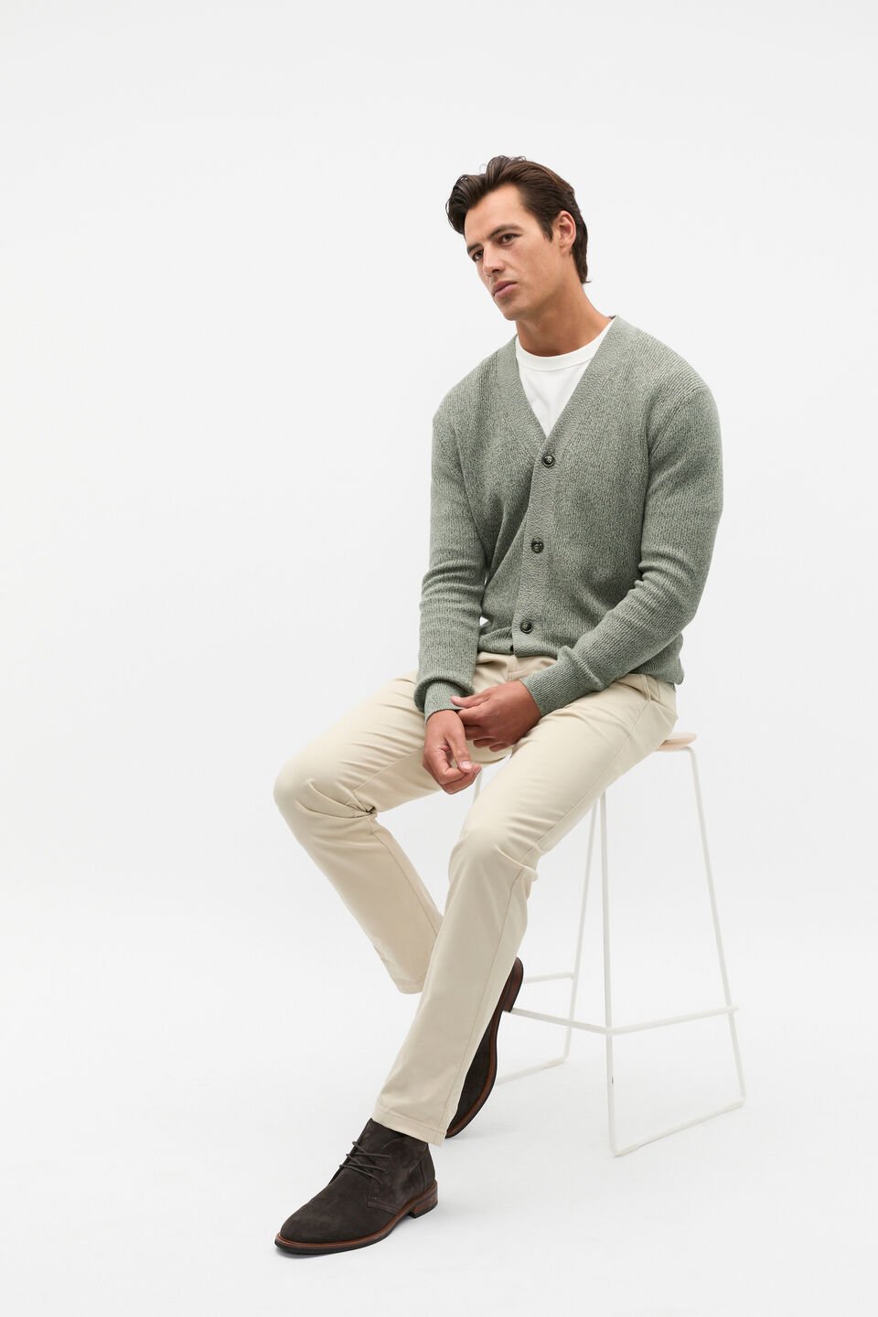 Button Down Cardigan  Dark Khaki Marle