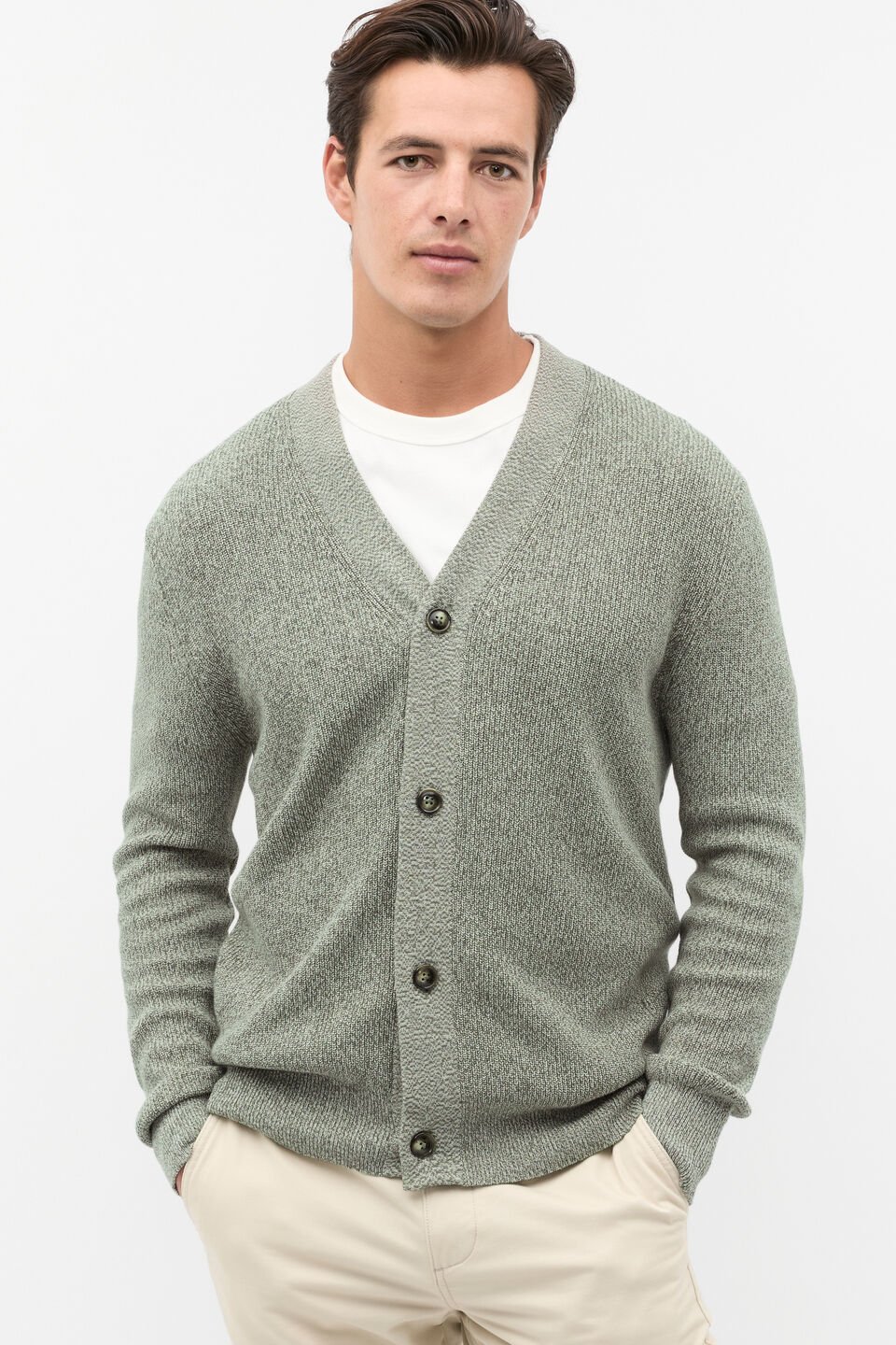 Button Down Cardigan  Dark Khaki Marle