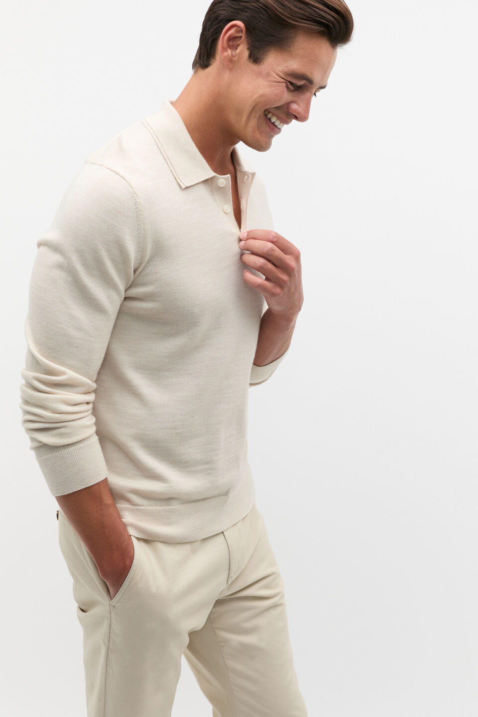 Merino Wool Long Sleeve Polo  Cool Stone Marle