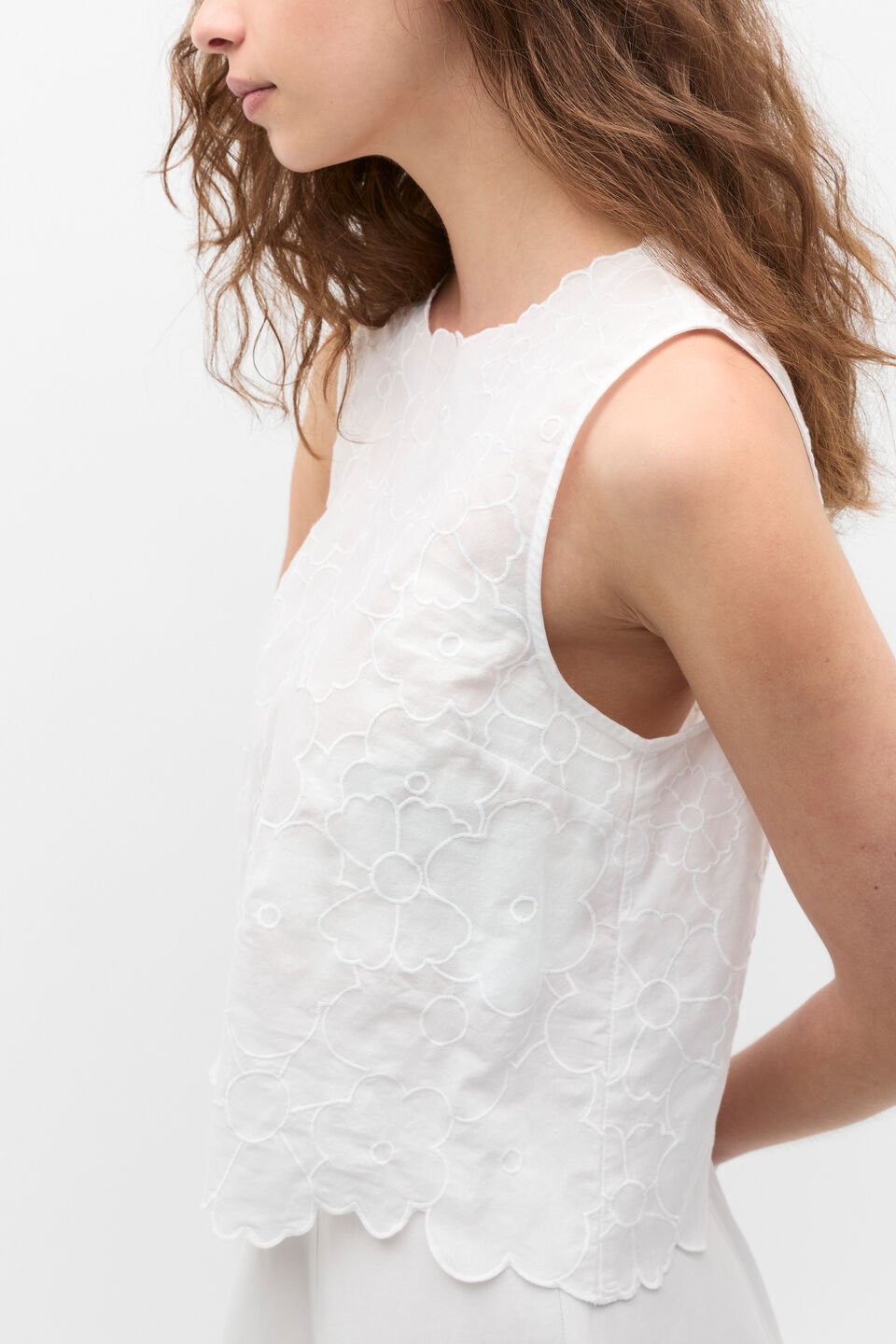 Floral Embroidered Tie Back Shell  Whisper White