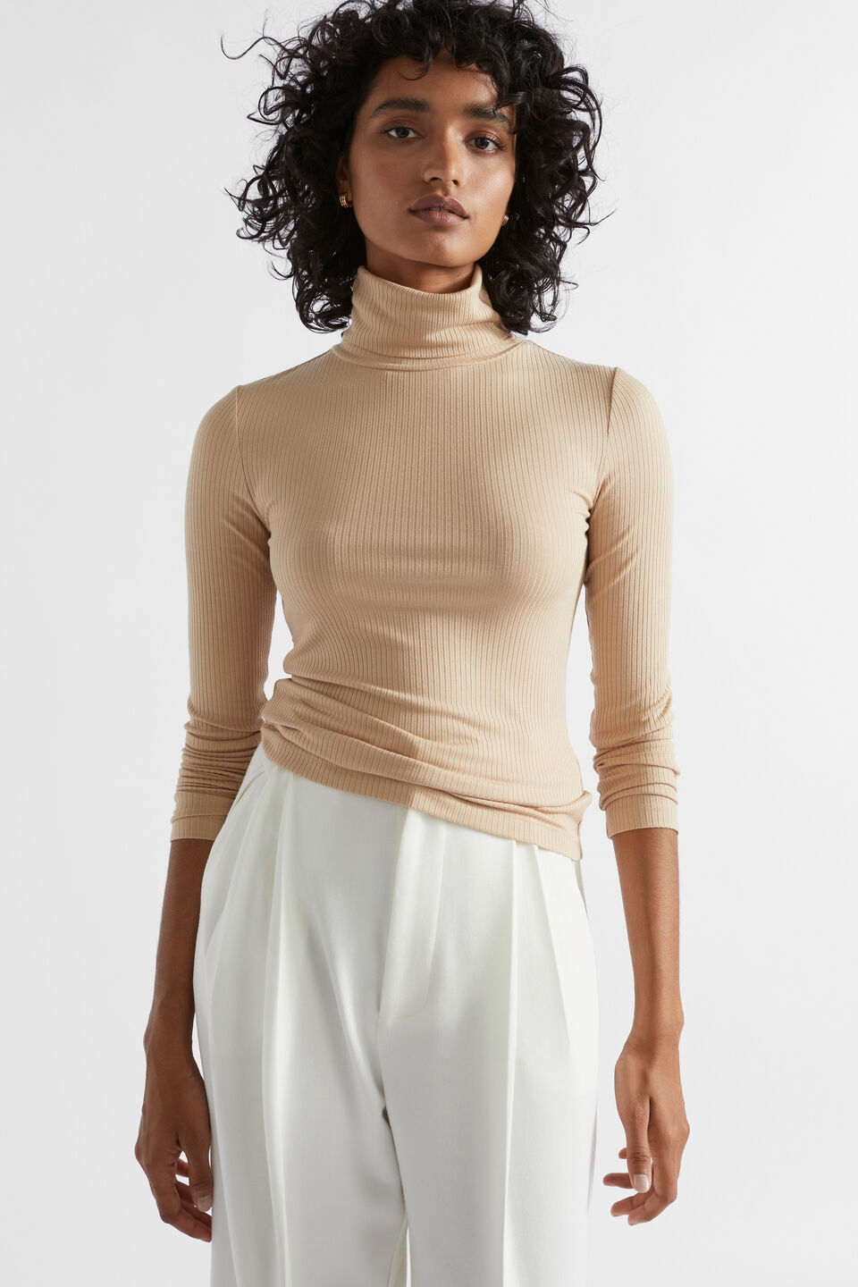 Core Rib Roll Neck Top  Champagne Beige