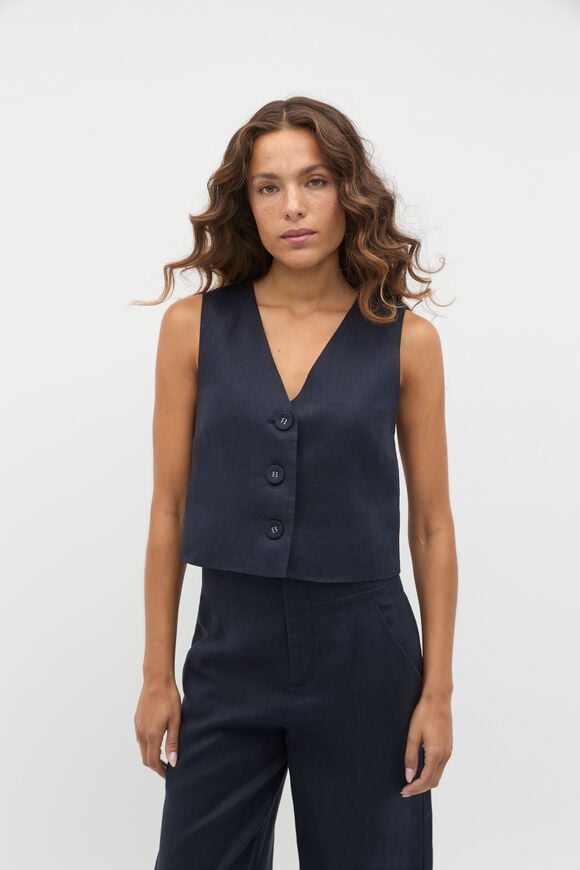 Linen V Neck Button Shell  Twilight Blue  hi-res