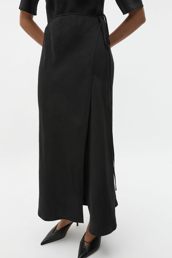 Crinkle Satin Wrap Dress  Black  hi-res