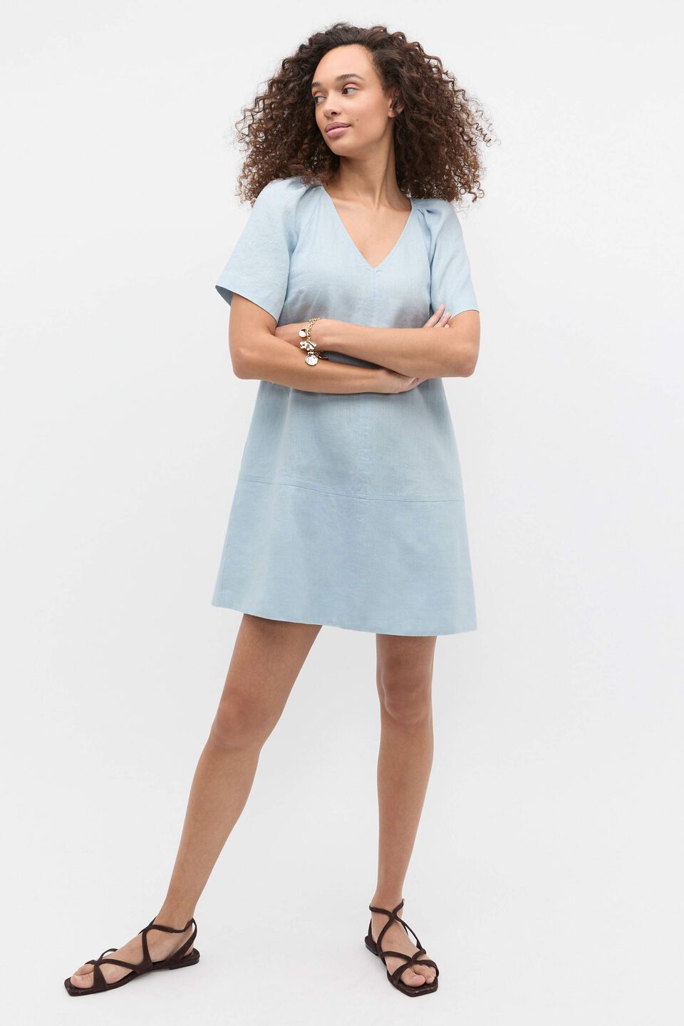 Linen V Neck Flutter Sleeve Mini Dress  Bluebell