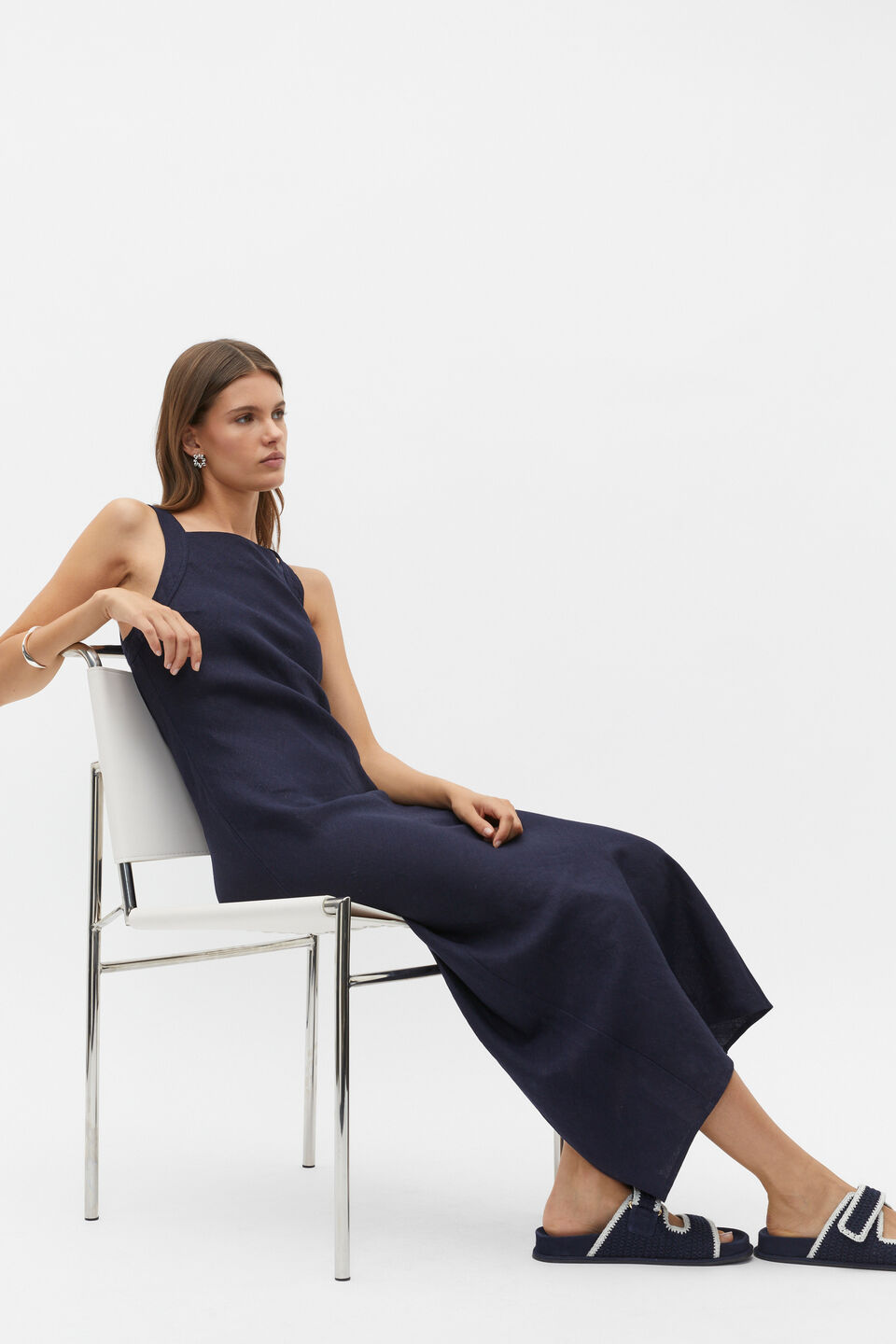 Linen Square Neck Bias Slip Dress  Midnight Sky