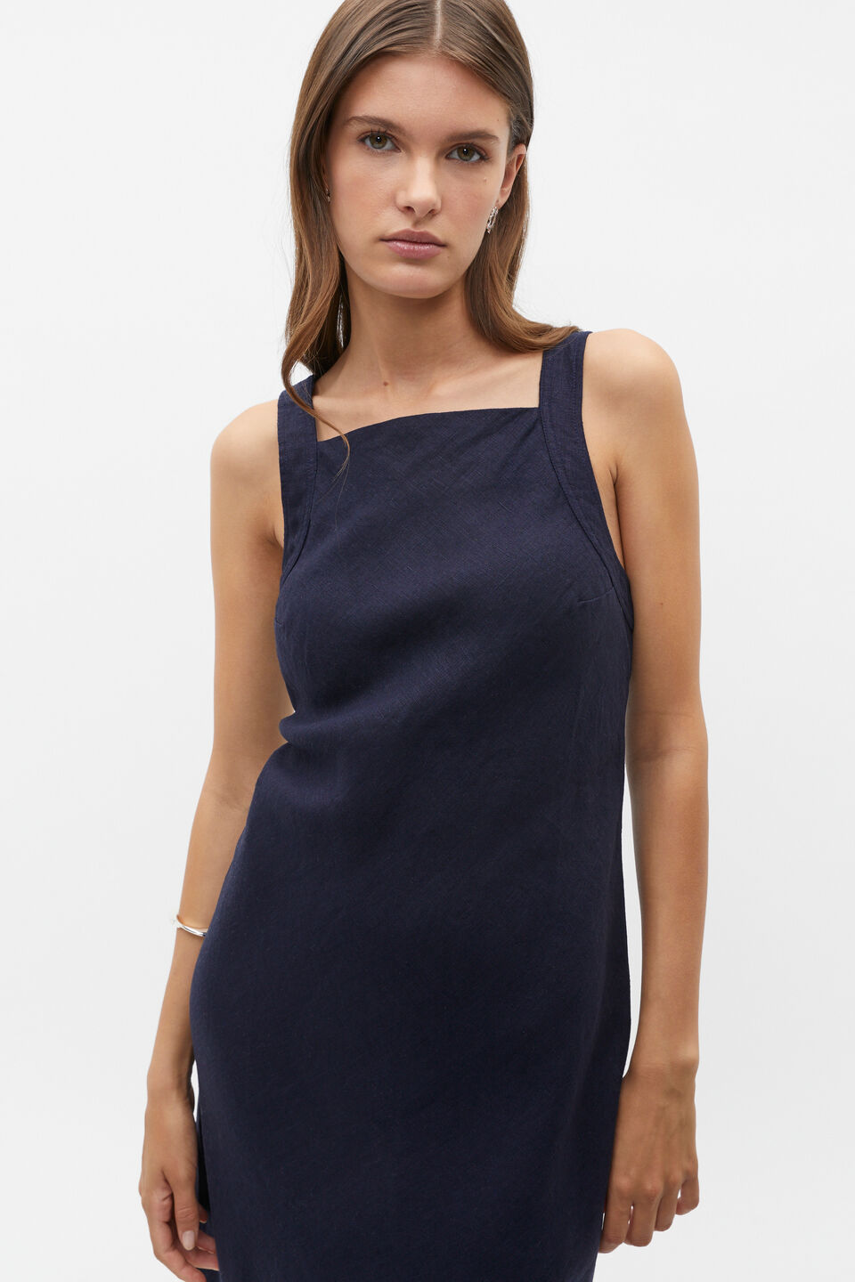 Linen Square Neck Bias Slip Dress  Midnight Sky