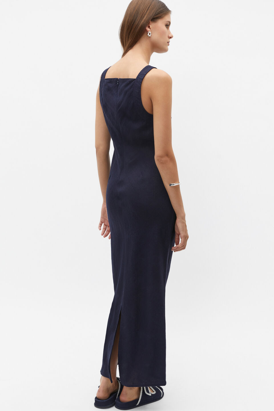 Linen Square Neck Bias Slip Dress  Midnight Sky