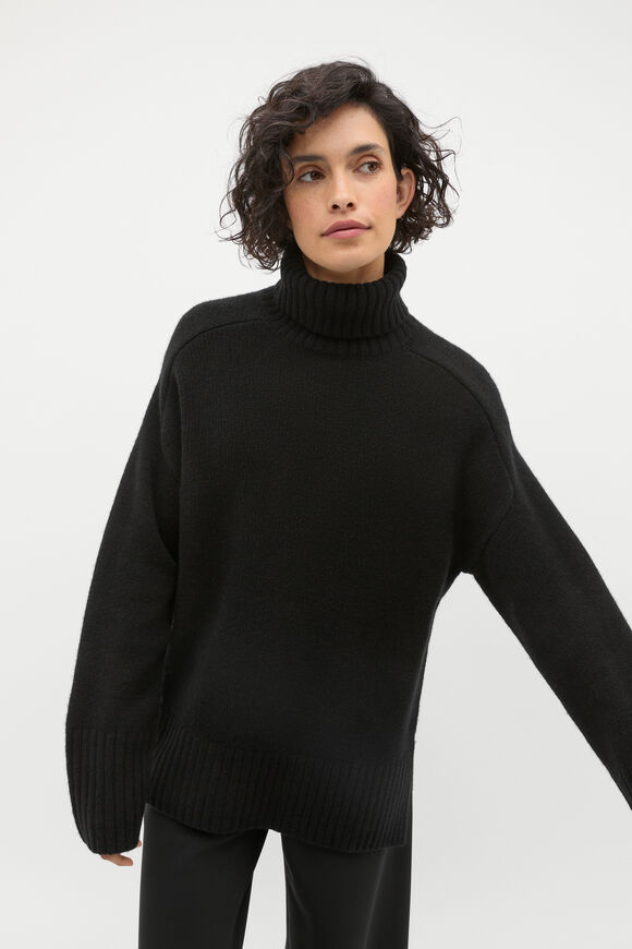 Merino Wool Roll Neck Side Split Knit  Black  hi-res