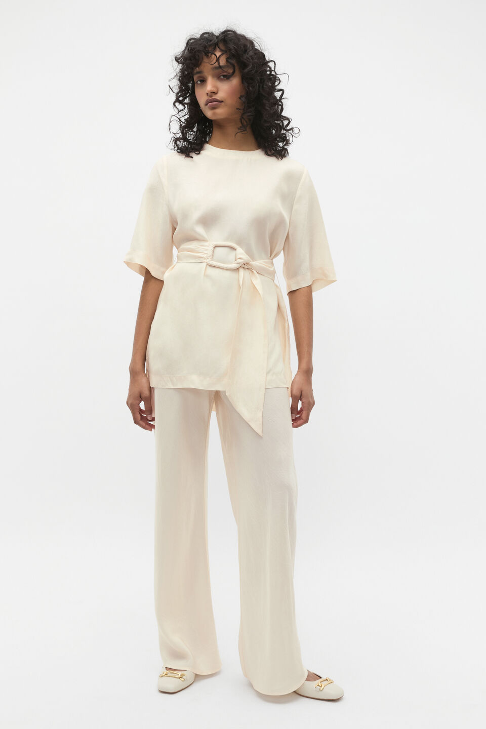 Crinkled Satin Belted Tunic  Coconut Cream