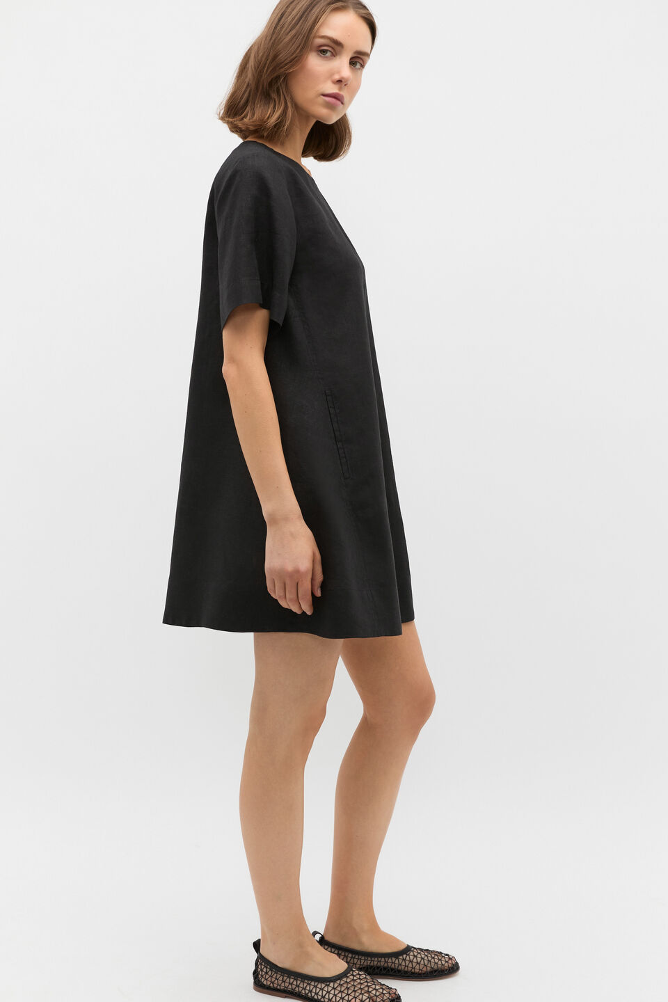 Linen Short Sleeve Mini Dress  Black