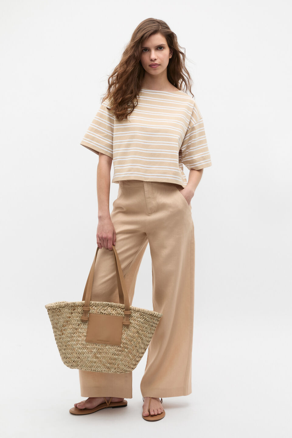 Cotton Boxy Split Hem Tee  Ecru Stripe