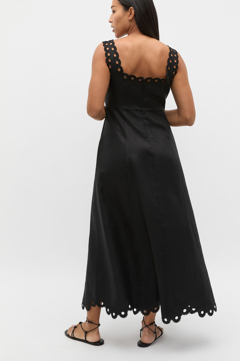 Linen Embroidered Midi Dress  Black