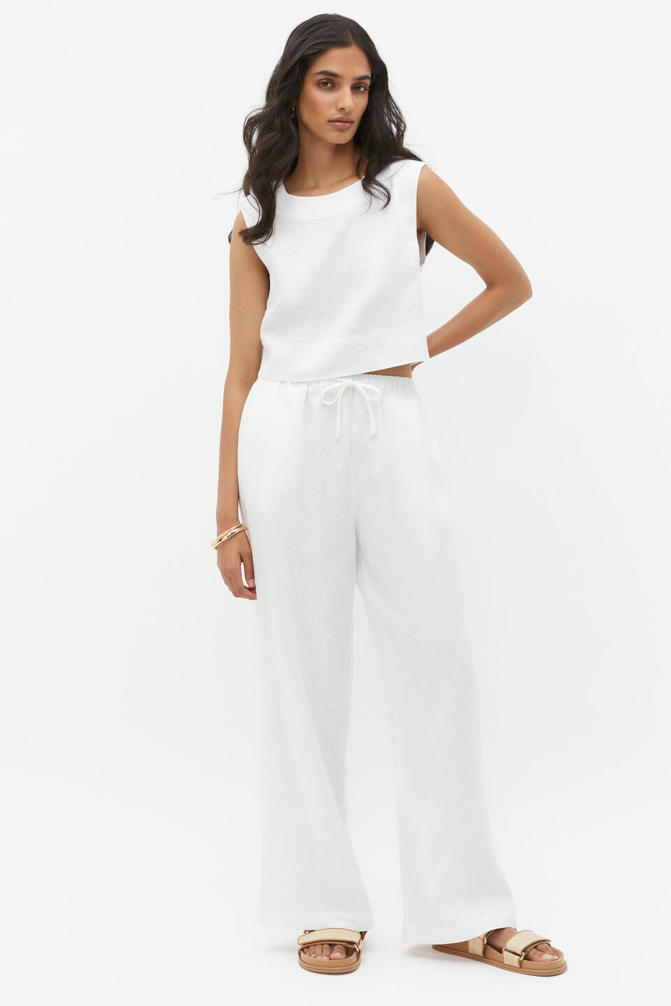Core Linen Wide Leg Tie Pant  Whisper White