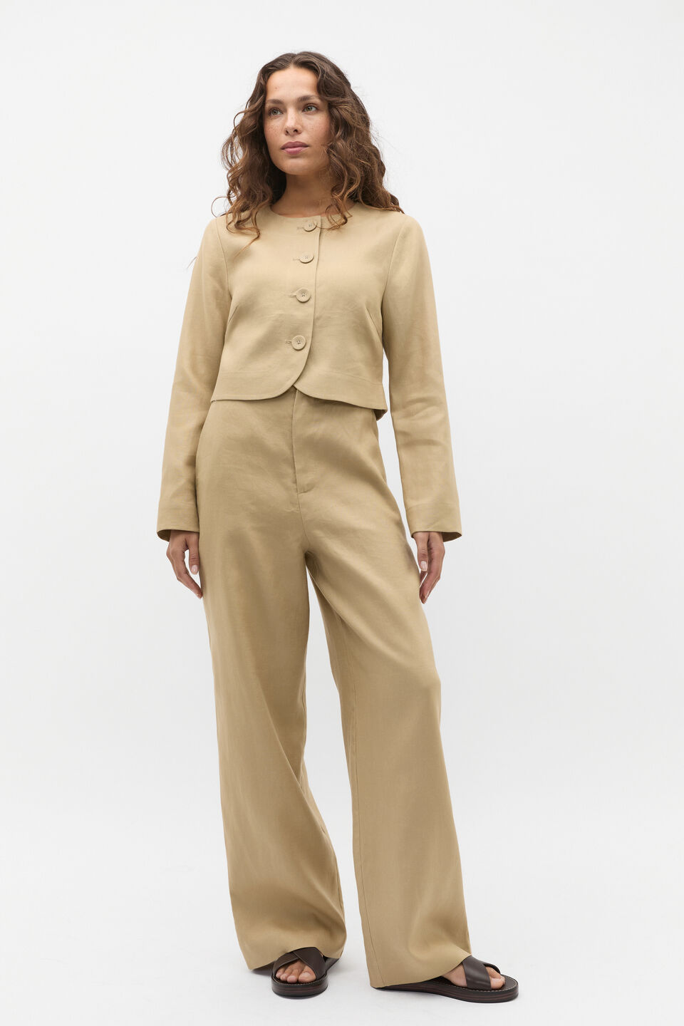 Long Sleeve Linen Vest  Cashew