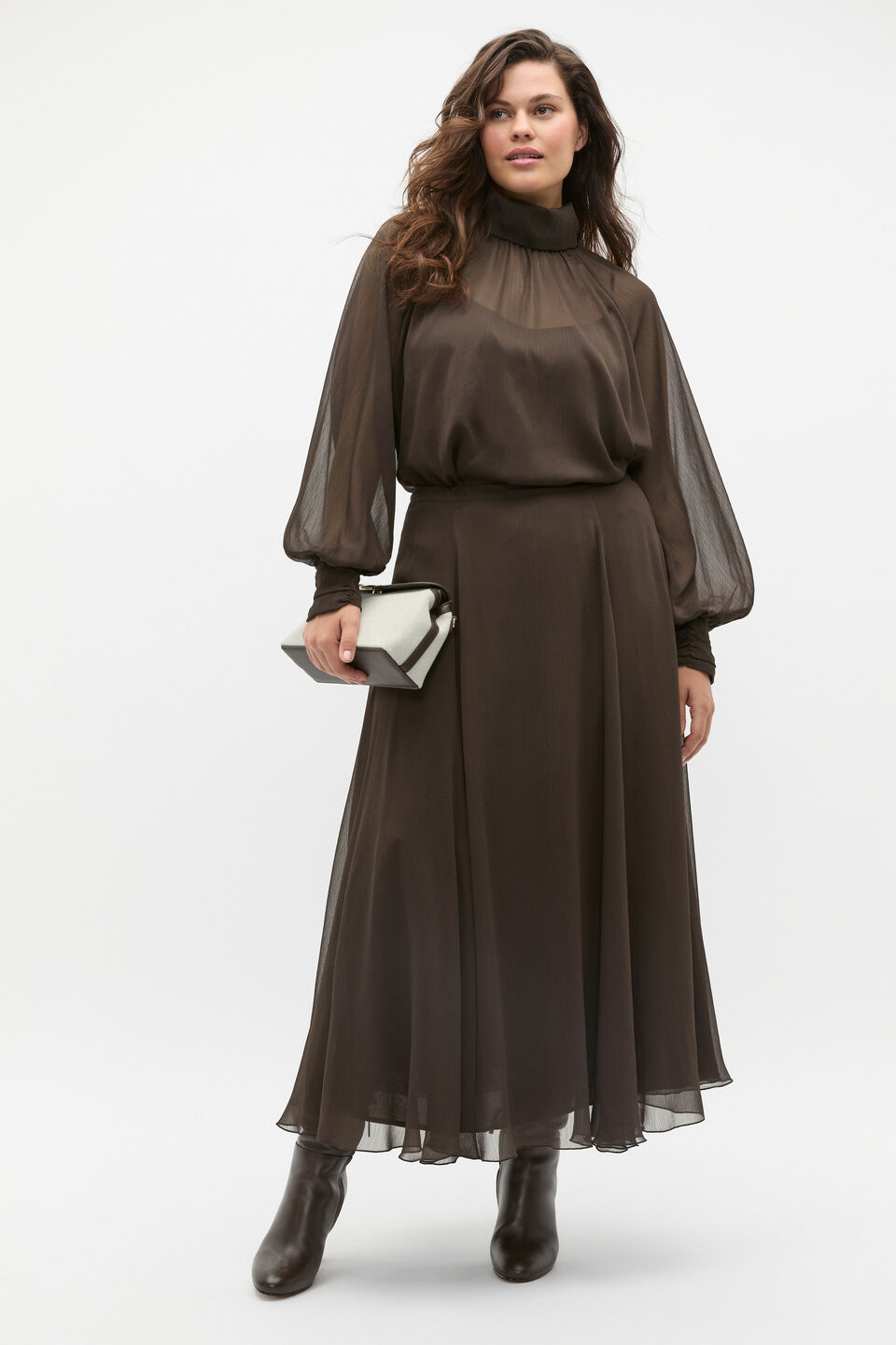 Chiffon Mock Neck Blouse  Dark Espresso