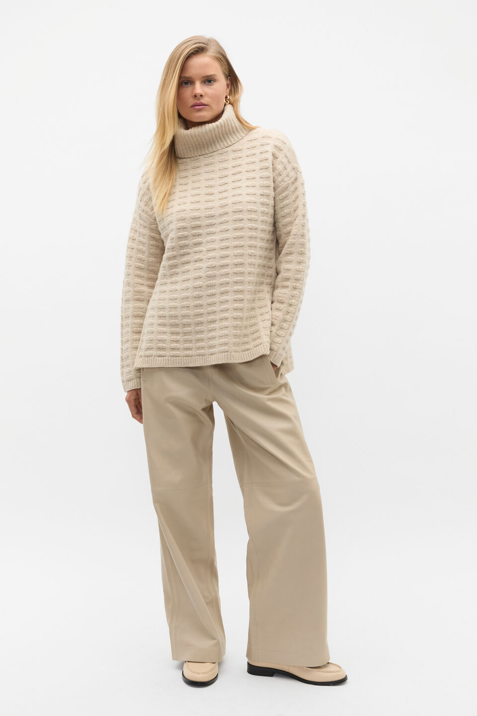 Merino Mixed Stitch Roll Neck  Latte Marle