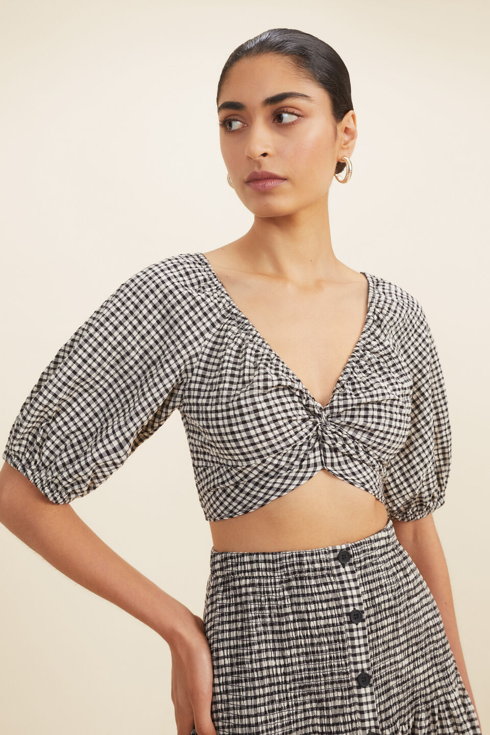 Gingham Twist Front Crop Top  Neutral Gingham