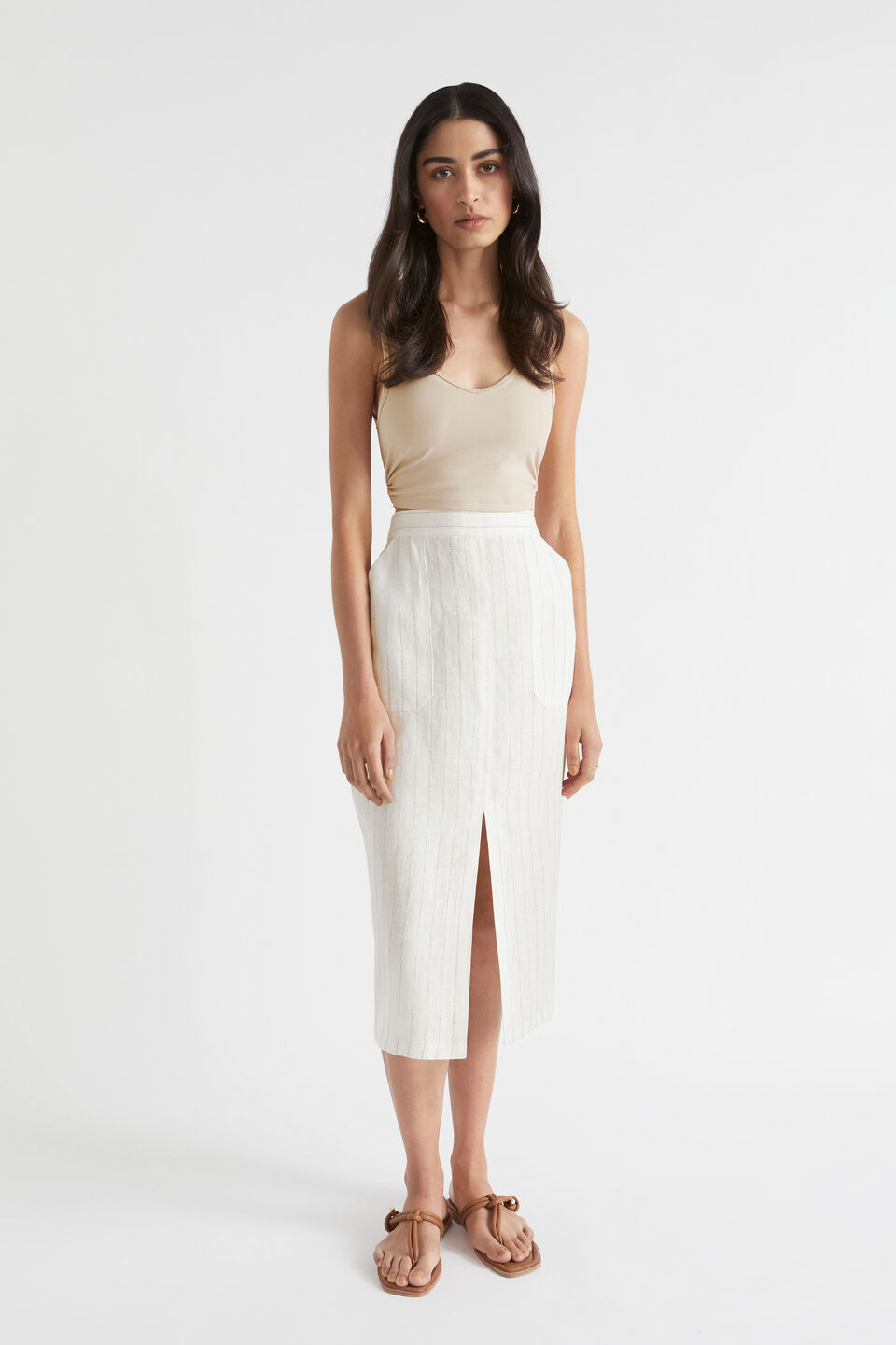 Linen Stripe Midi Skirt  Auburn Pinstripe